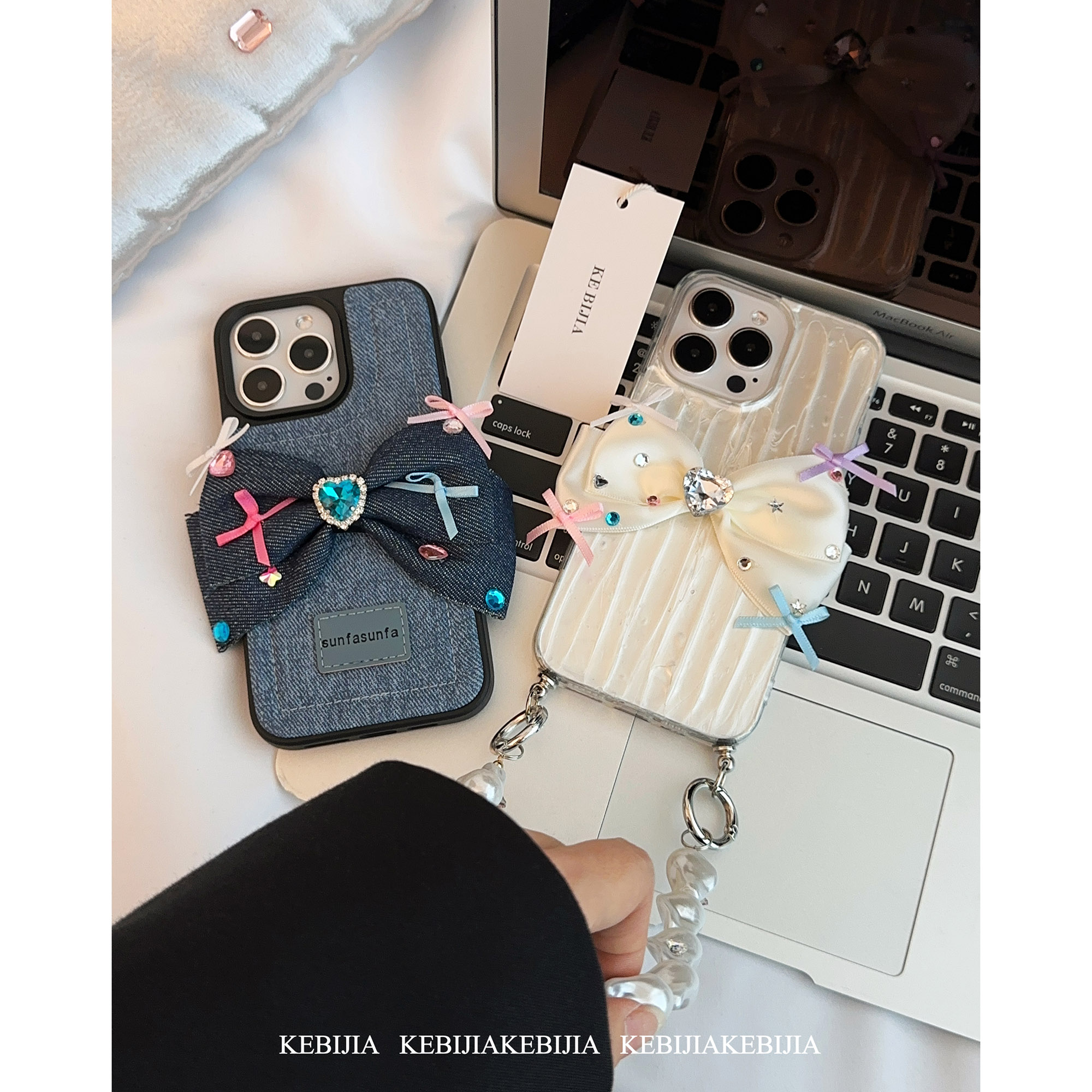 超仙奶油胶蝴蝶结牛仔防摔适用于苹果14promax/13/12pro手机壳 
