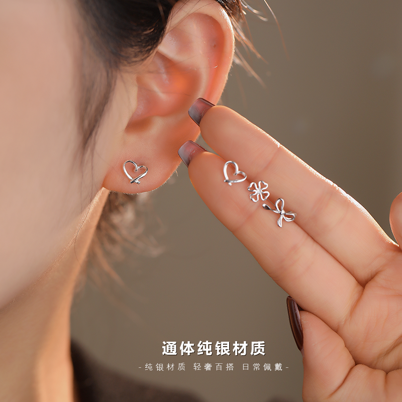 925银耳饰 纯银四叶草耳钉蝴蝶结轻奢小众高级感日常小巧ins百搭