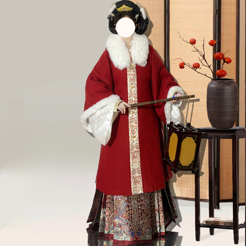 大码汉服女新款织金重工刺绣马面裙红色长袄加绒加厚对襟立领毛领
