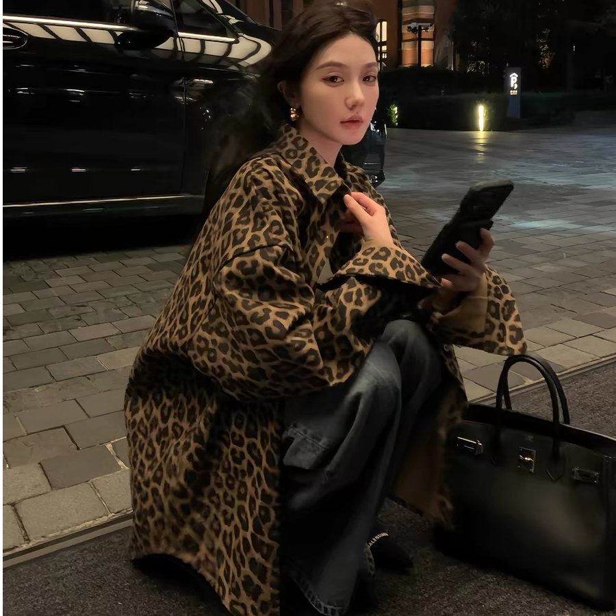  6043潮流豹纹衬衫外套女春季美式复古百搭宽松显瘦休闲上衣