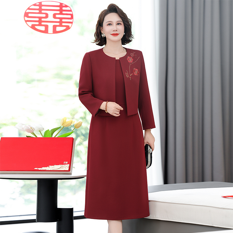 婆婆高贵春秋两件婚宴礼服连衣裙结婚两件套妈妈外套新款长袖套装