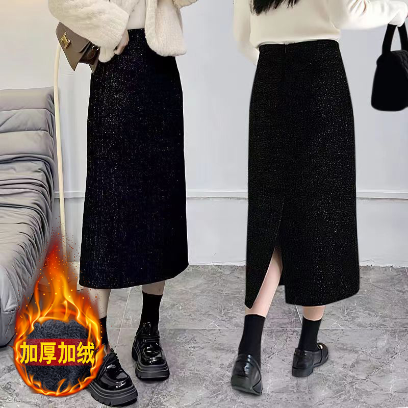 加绒加厚/ 韩版财阀千金小香风秋冬加绒高雅时尚后开叉显瘦半身裙