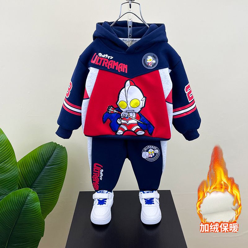 奥特曼男童加绒套装2024新款秋冬装酷帅气儿童运动宝宝亮灯衣服潮