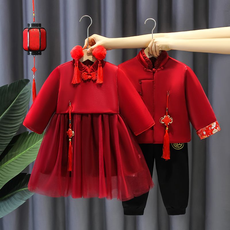 汉服儿童古风喜庆红色拜年服童装宝宝周岁礼服夹棉加厚唐装两件套