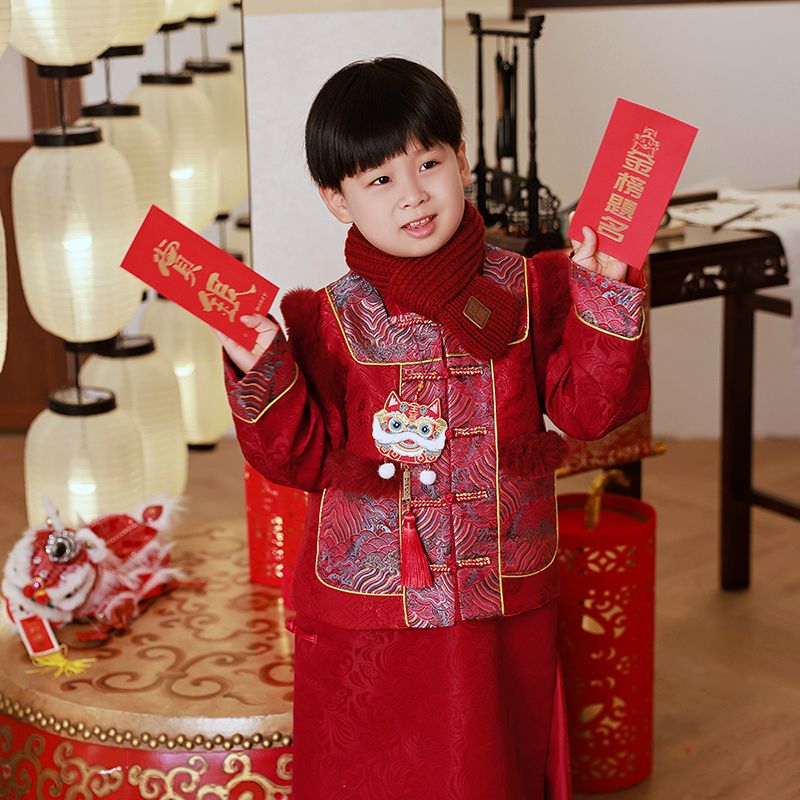 汉服男童拜年服冬季加厚唐装帅气古装周岁礼服男宝宝新年装拜年服