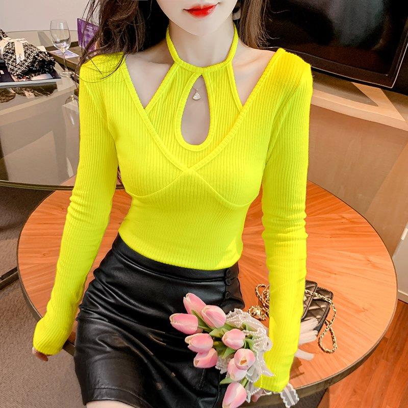 打底衫2023新款女秋冬挂脖镂空长袖t恤设计感时尚洋气假两件上衣