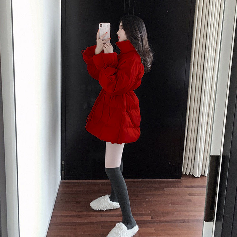 反季清仓东大门小个子中长款羽绒服女冬季抽绳收腰立领酒红色新WW