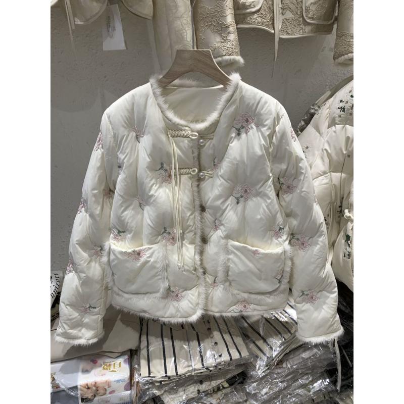 反季清仓2023中式国风羽绒服冬季盘扣高级感水貂毛拼接圆领刺绣WW