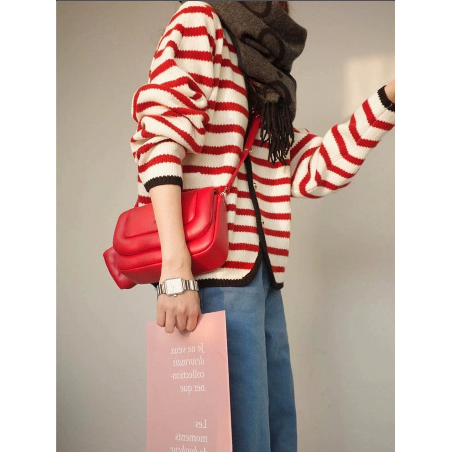 2023秋款撞色条纹法式小香风金属扣全包边小众毛衣外套开衫10071