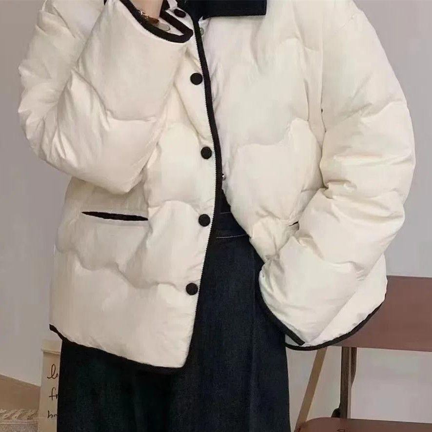 波登司羽绒服白鸭绒新款爆款韩版灯芯绒翻领菱格拼接小香风轻薄羽