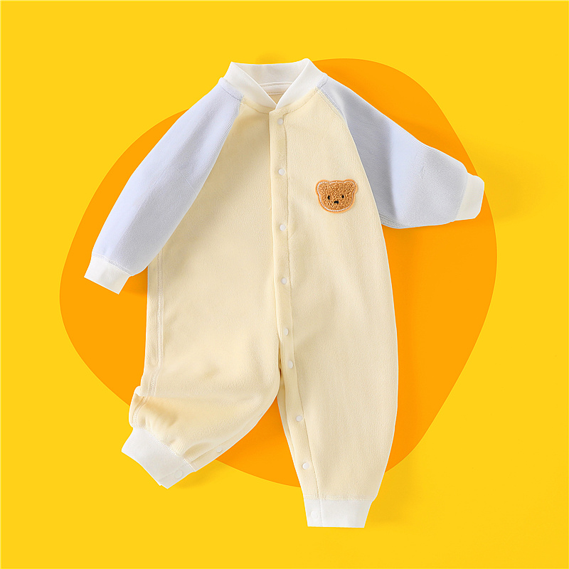 新生婴儿一体绒宝宝加绒连体衣无骨缝制婴儿连体衣斜开双面加绒