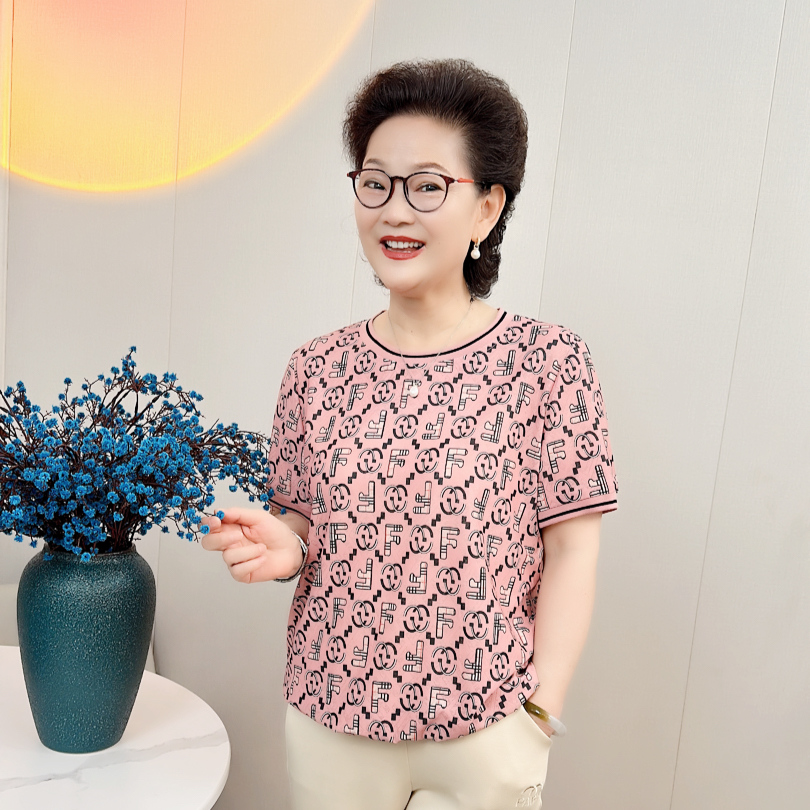 清唐姐优选2024夏圆领提花粉色上衣休闲新t655