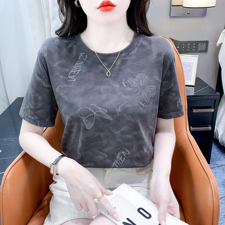 夏季灰色短袖t恤女ins宽松体恤时尚印花2024新款百搭上衣服