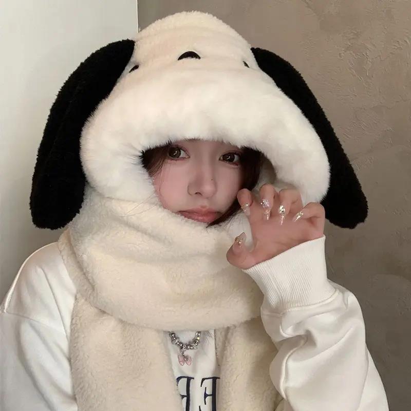 可爱小狗帽子围巾一体女冬季加绒加厚保暖防寒护耳三件套连体帽子