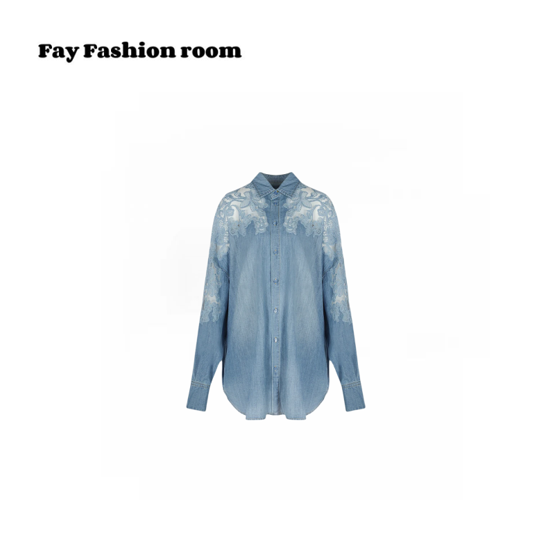  FAY fashion room |精致重酵洗蕾丝牛仔衬衫