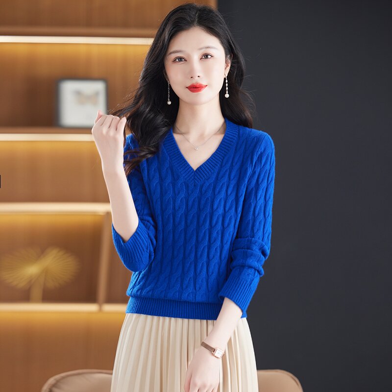 冬款新款洋气时尚百搭气质显瘦宽松休闲V领套头长袖羊毛衫纯色
