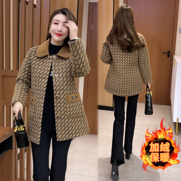 2023年外套女秋冬新款小个子中长款格子大衣时尚百搭款式女生韩版