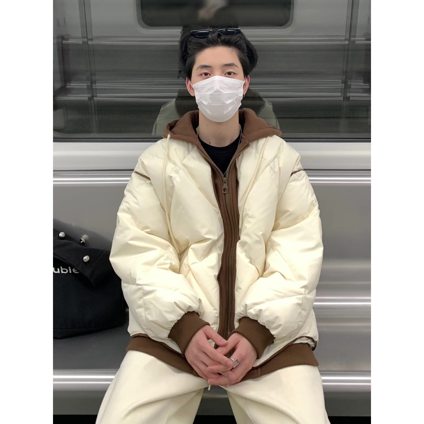 九江新款男冬季菱形格棉服假两件美式潮牌撞色式连帽棉衣加厚外套