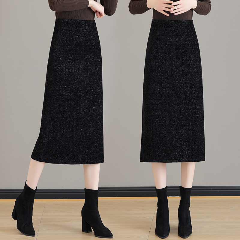 丝绒显瘦半身裙2023秋冬新款高腰a字中长款后开叉厚款一步包臀裙