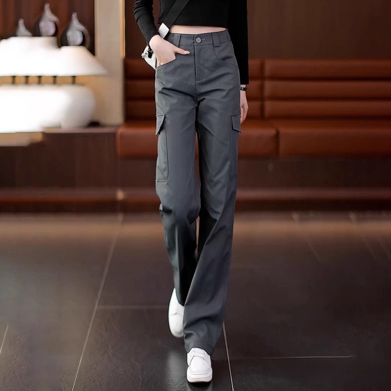 高级灰阔腿工装裤子女春秋2024年新款高腰显瘦宽松运动直筒休闲裤