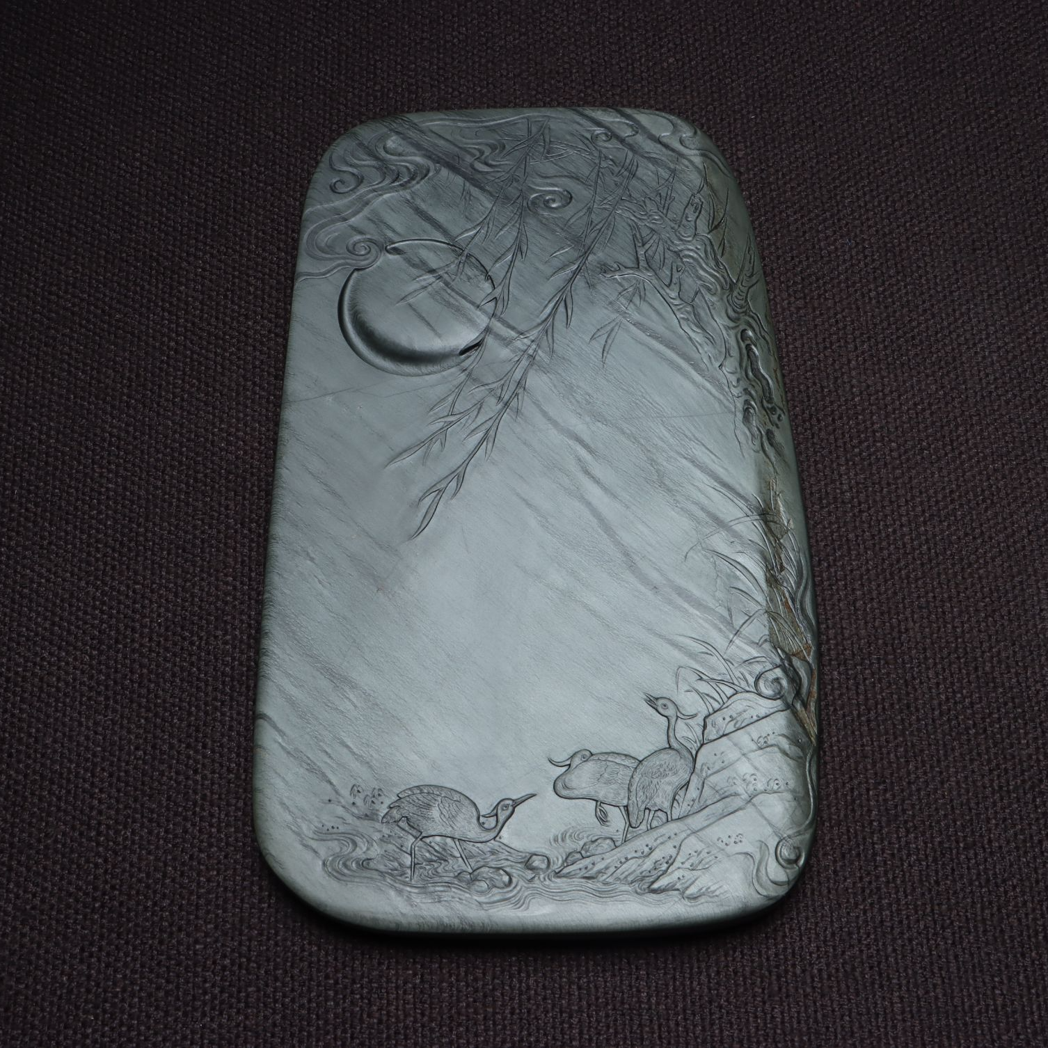 老坑歙砚眉子中坑眉纹花鸟意境大尺寸随形砚台23.8*14*2cm