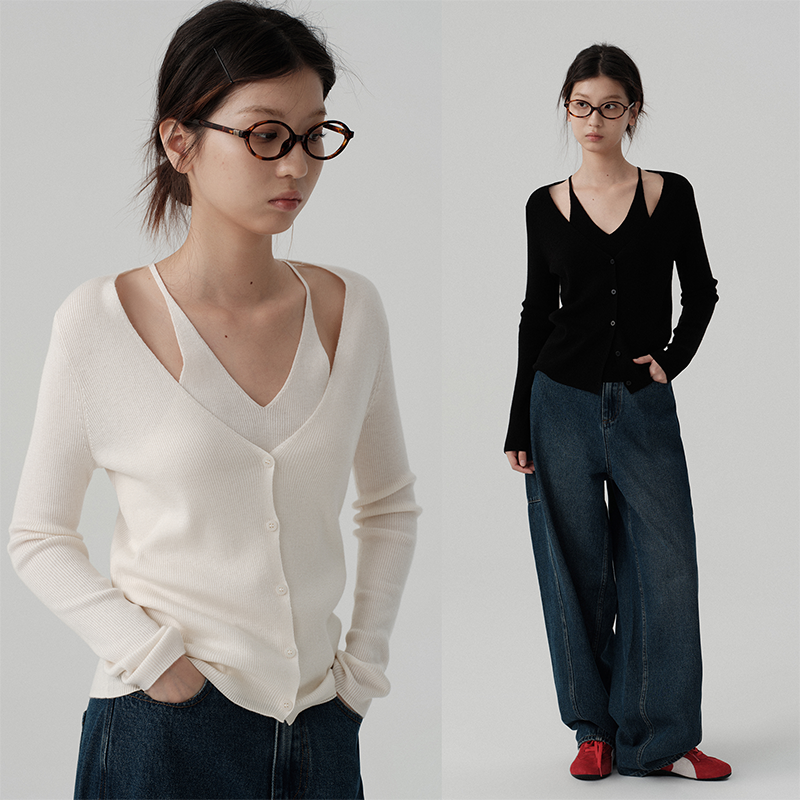 Veega Chic秋冬Hands free假两件V领百搭短款设计感修身显瘦开衫