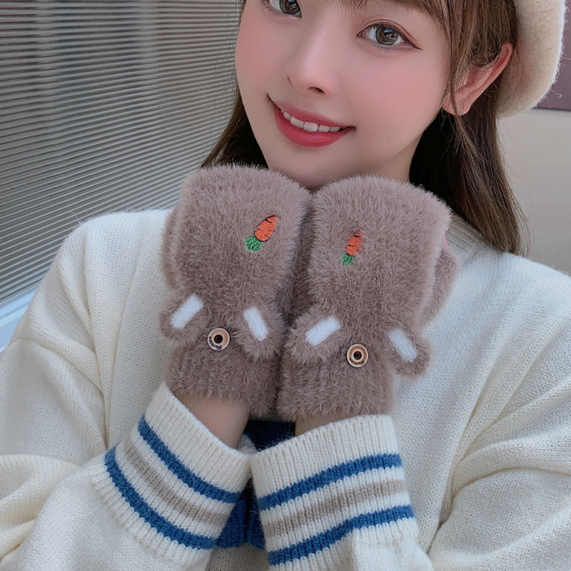 学生保暖手套女翻盖保暖露半截加绒加厚小初中写字骑行车防寒冬天