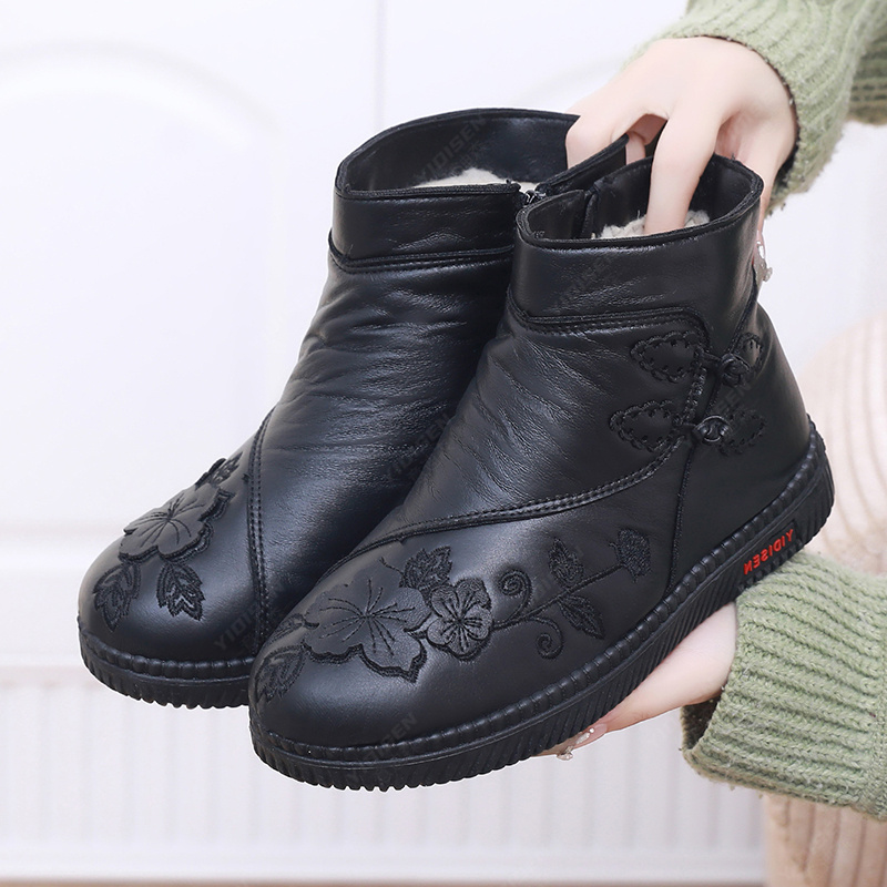 意迪森绵羊毛冬季防水加绒保暖中老年棉鞋雪地靴防滑软底妈妈鞋