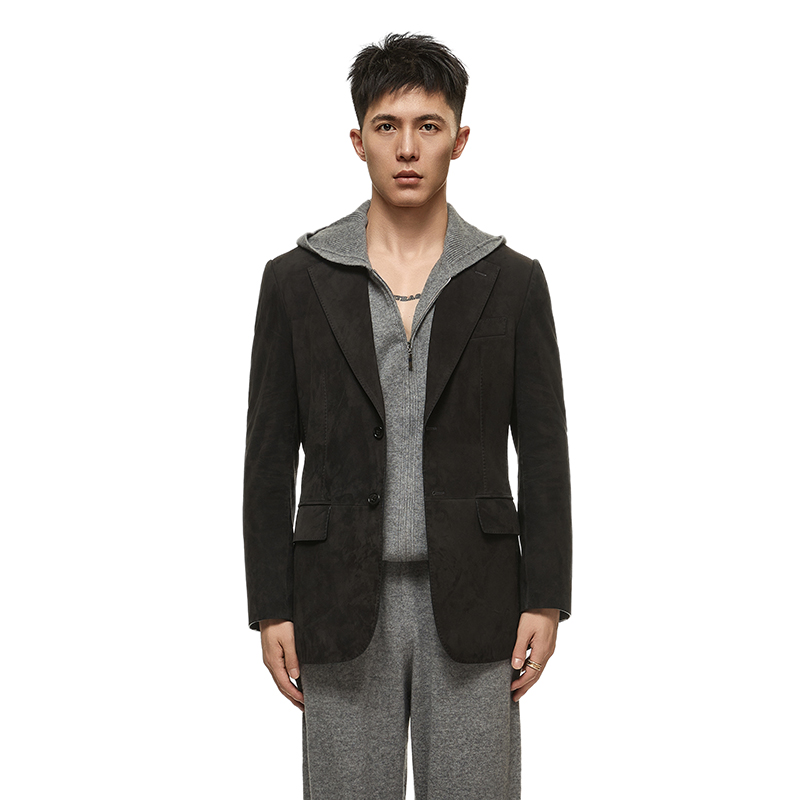BETREE BEAR 单排扣皮西服男士绒面山羊皮手工平驳领高级真皮西装