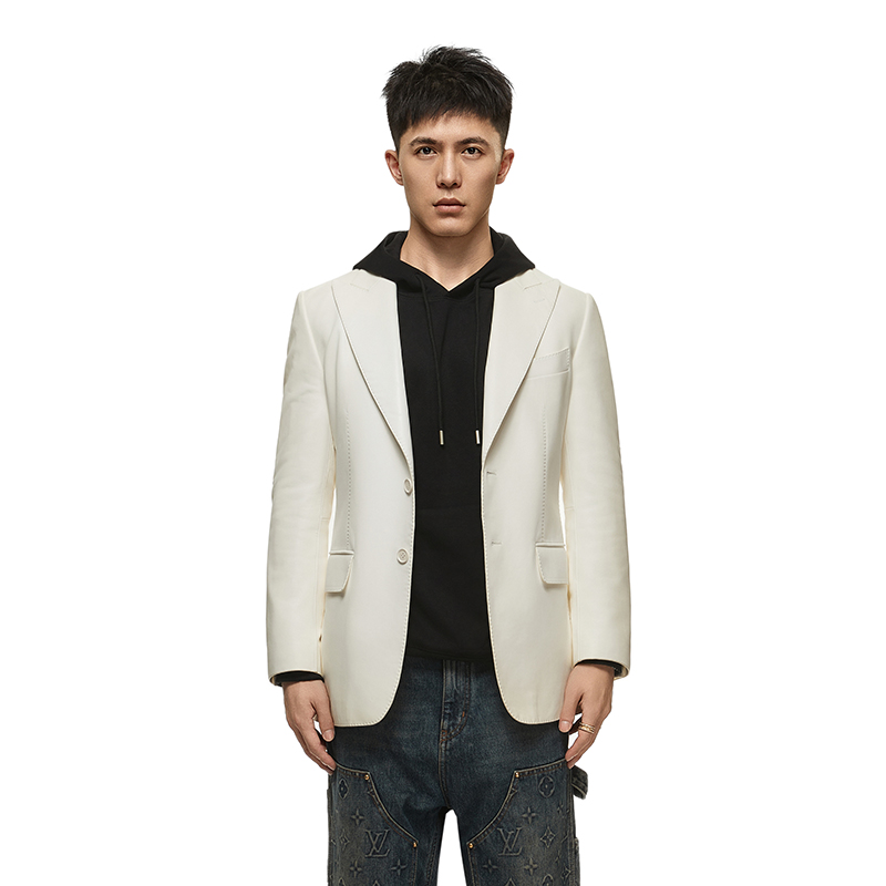 BETREE BEAR 单排扣油边皮西服男士高级半麻衬真皮绵羊皮西装白色