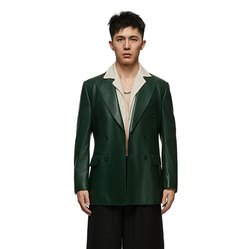 BETREE BEAR 双排扣油边皮西服男士高级半麻衬真皮绵羊皮西装绿色