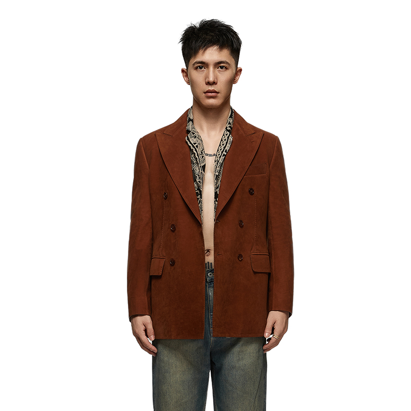 BETREE BEAR 双排扣皮西服男士磨砂胎牛皮手工半麻衬反绒真皮西装