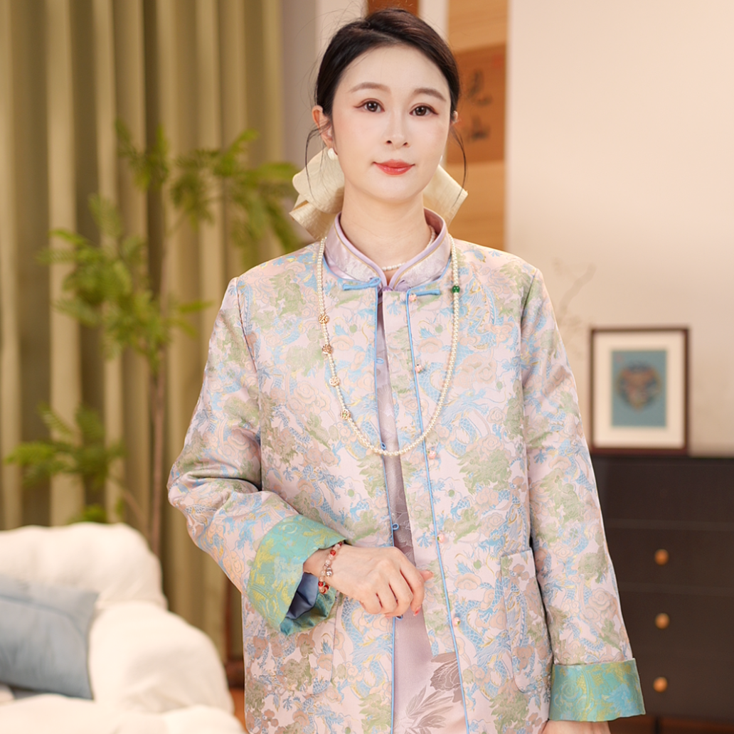 【贺贺·陆美瑛】红人上新桑蚕丝羊驼绒宋锦棉服外套显瘦秋冬J1792