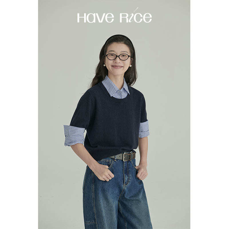 【短袖毛衫假两件】HAVERICE饭馆 miu系女孩 格纹拼接文艺风假两件