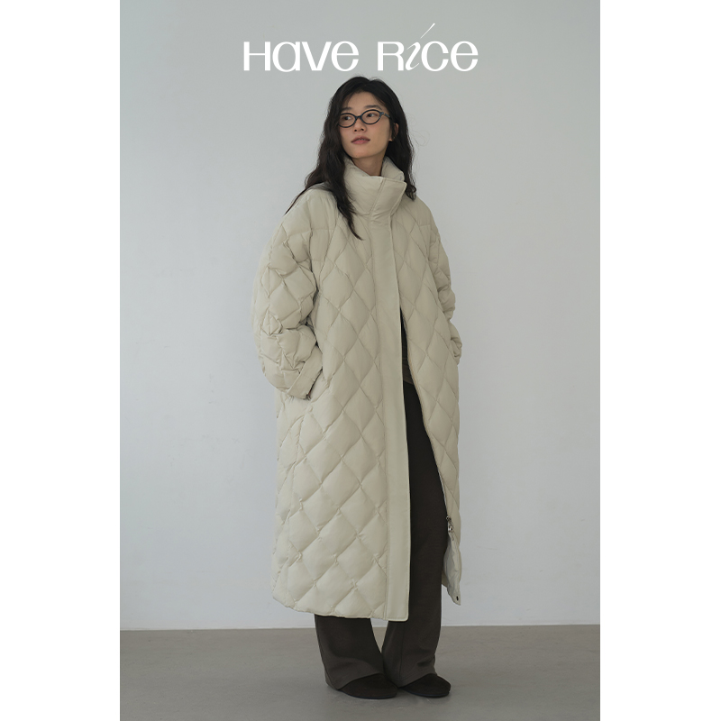 【长款菱格立领羽绒服】薇薇安 菱格立领长款温暖韩系羽绒服外套