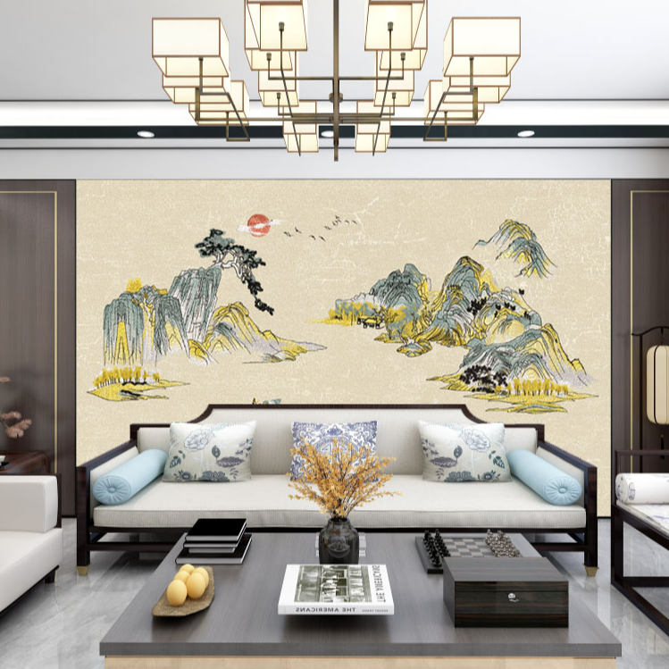 独绣山水壁布墙布新中式沙发客厅电视独秀背景墙壁画刺绣溪山若水