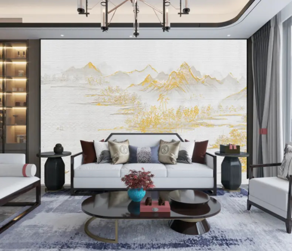 独绣刺绣新中式中式山水简约卧室客厅背景墙印加绣沙发电视墙布定