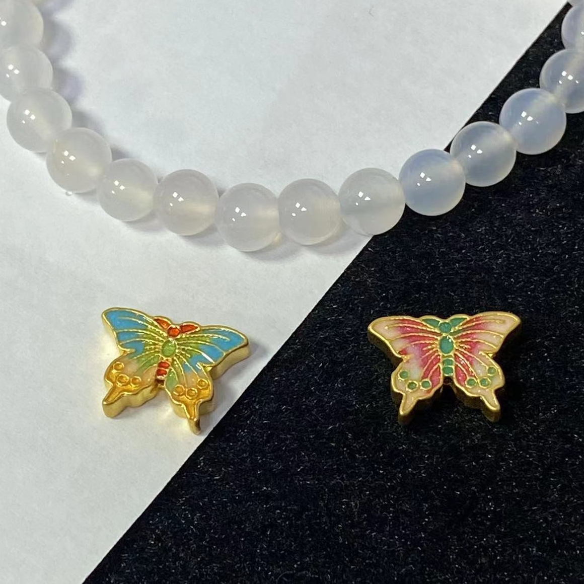 足金999双面烧蓝款通孔蝴蝶白玛 瑙手串@@A278 多样性发1个