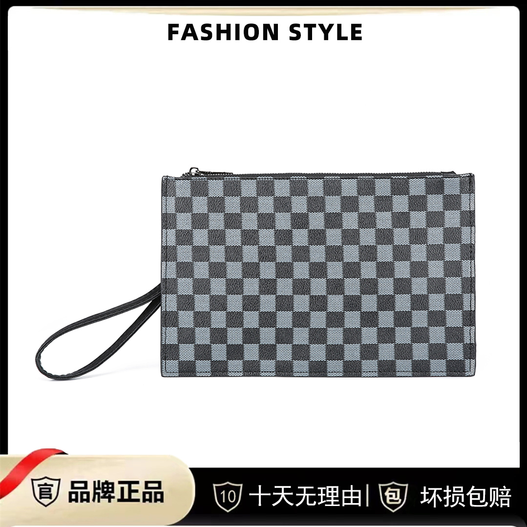 男士商务棋盘格简约休闲手拿包pu革时尚小众品牌潮流手抓包