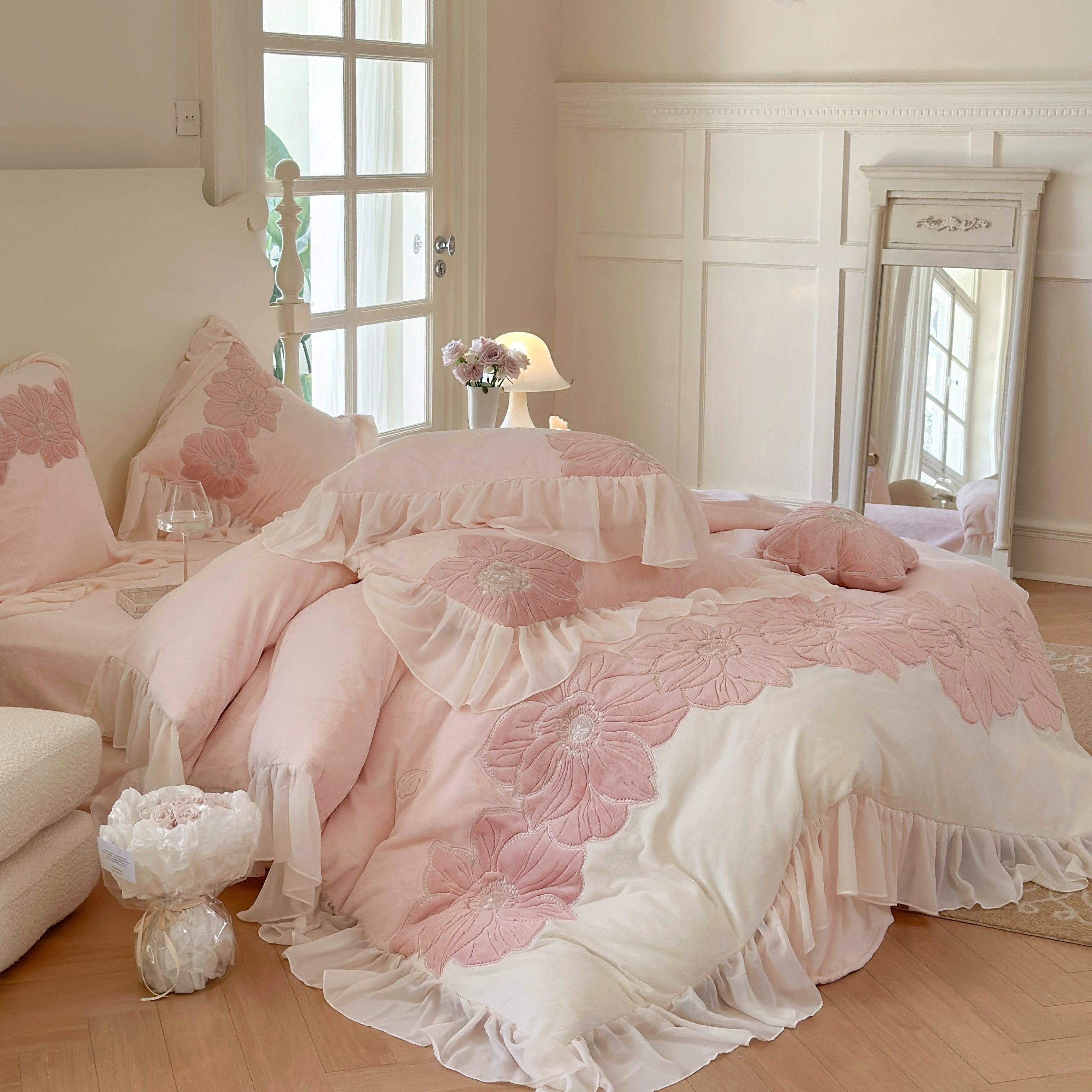 【初恋】公主风加厚牛奶绒四件套高级感保暖加厚蕾丝被套床上用品