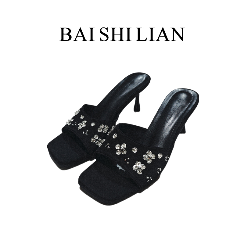 【游鹿鹿】2024 新款 水钻绸缎外穿花瓣 小猫跟高跟鞋凉拖鞋女