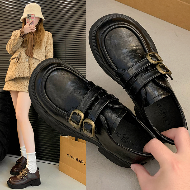英伦风2025新款复古百搭皮鞋女一脚蹬女鞋黑色单鞋秋冬乐福鞋厚底