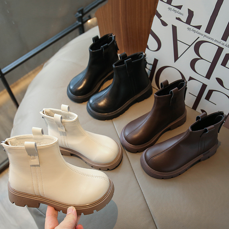 儿童马丁靴秋季新款纯色帅气男童中大童单靴女童后拉链皮短靴