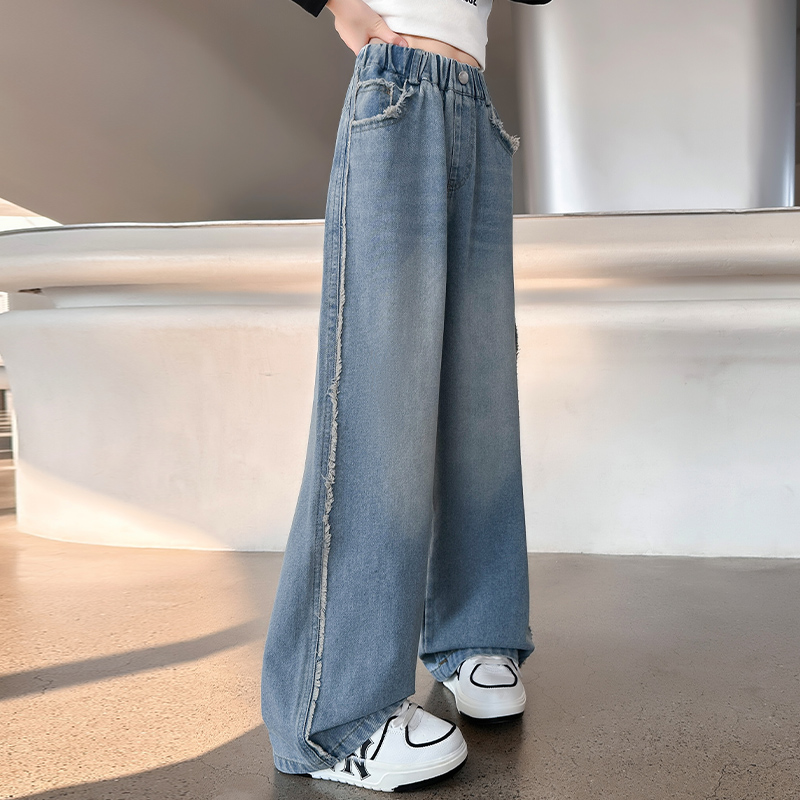 女童裤子牛仔春装2025春秋新款韩版直筒阔腿裤春季中大童宽松外穿