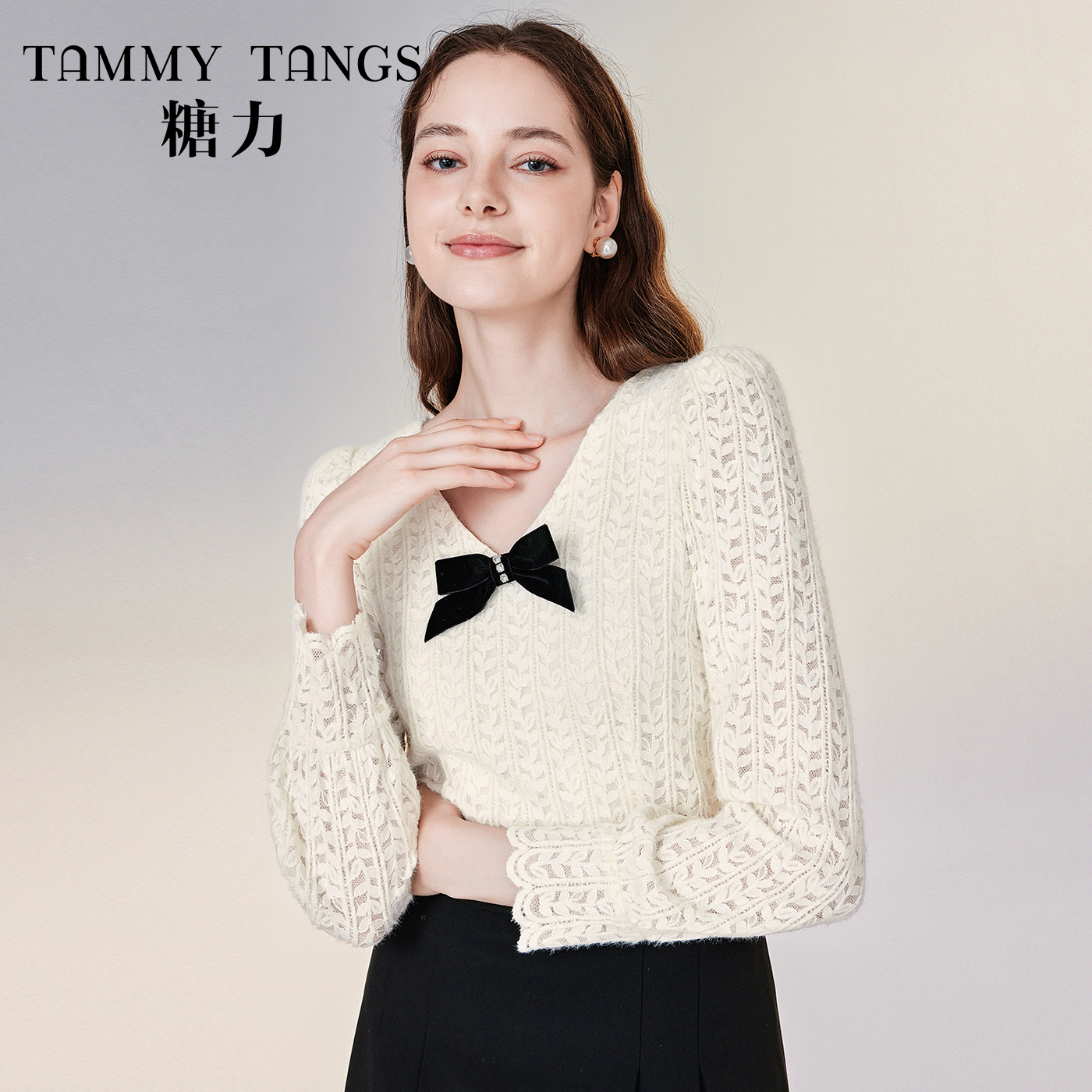 【老板娘夏天】糖力 春秋新款温柔气质长袖显瘦羽毛纱蕾丝衫上