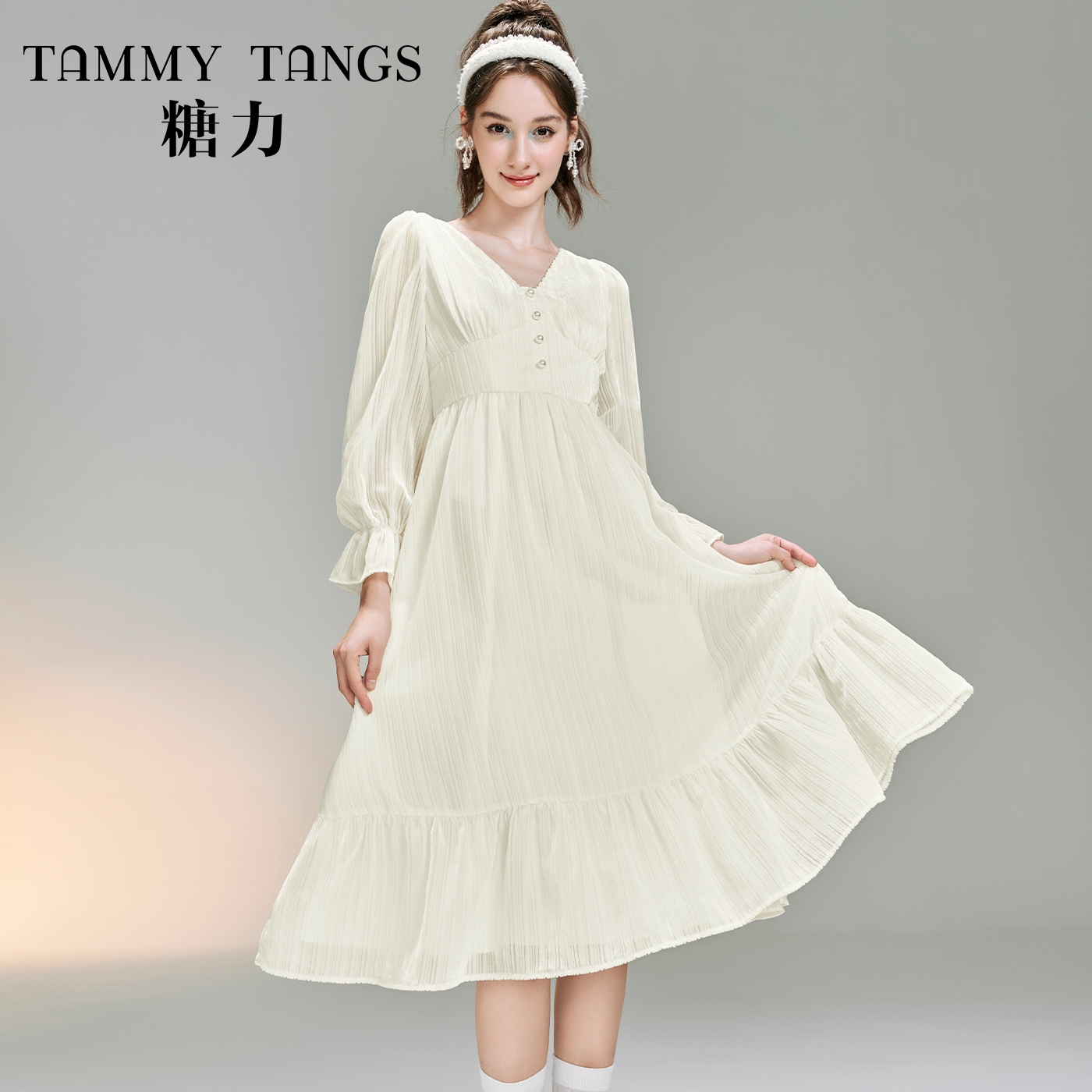 【官号专属】糖力秋冬季杏色法式气质长袖收腰中长款丝绒连衣裙