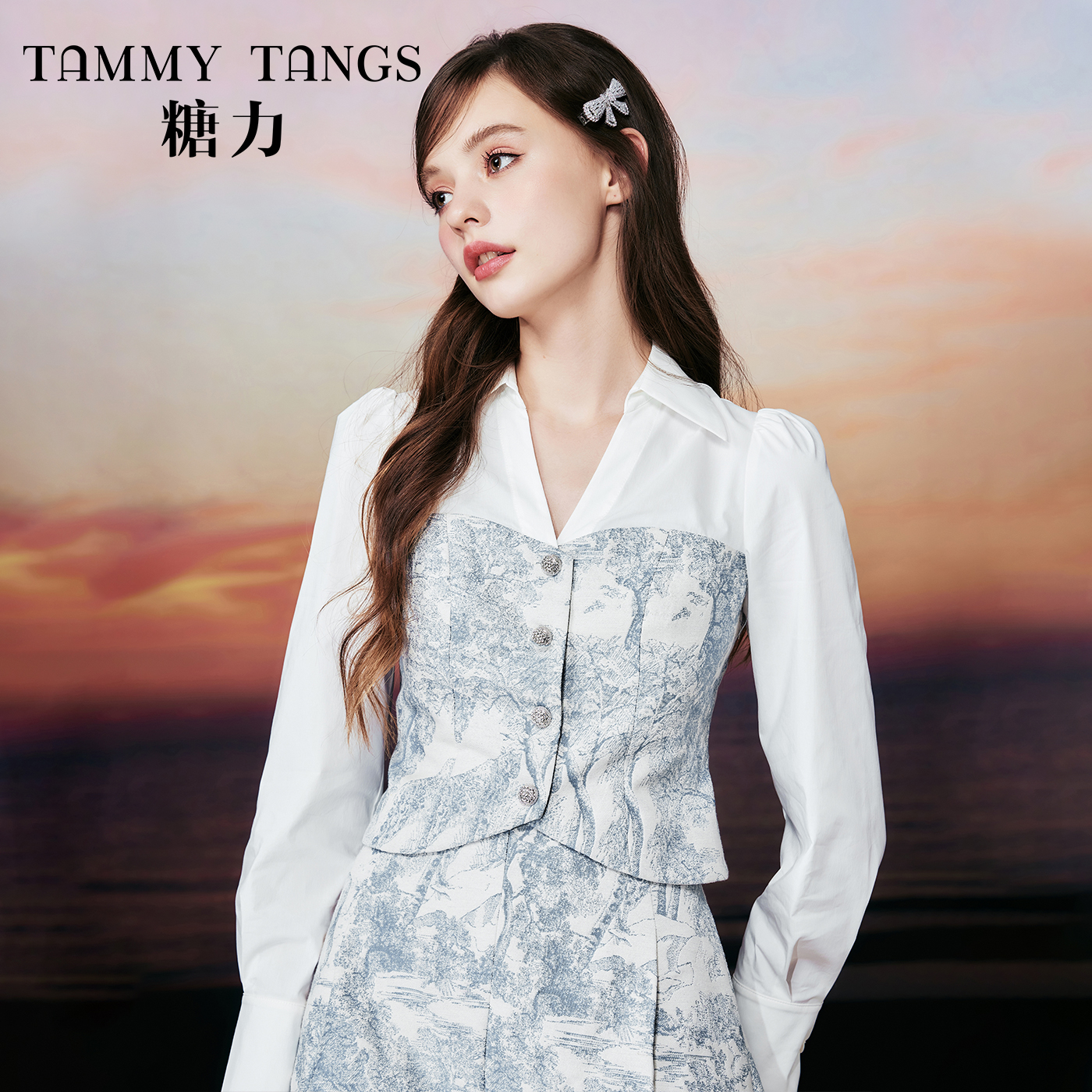 【老板娘夏天】糖力春秋季长袖短款收腰茹伊提花假两件衬衫上衣