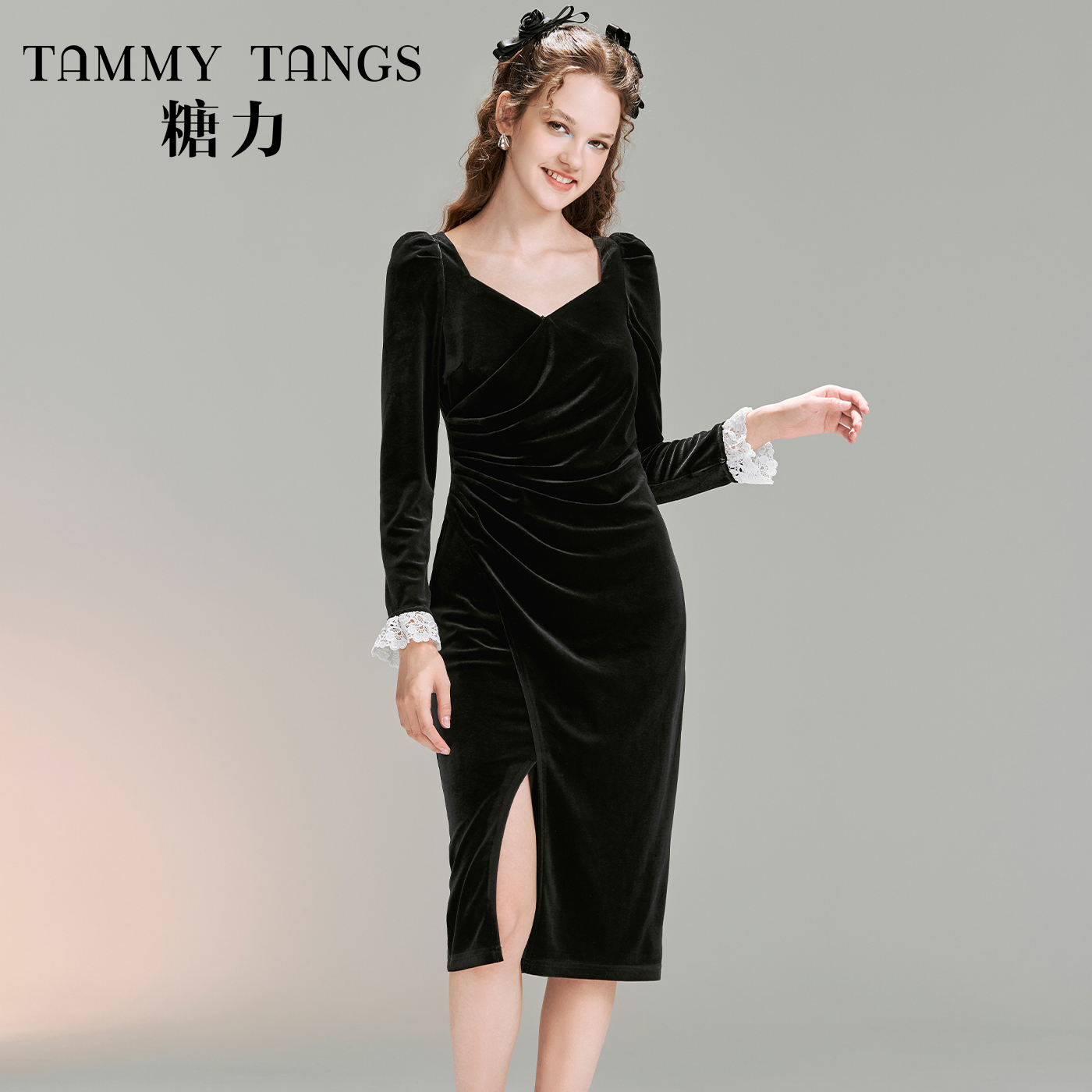 【白姐专属】糖力优雅气质中长款丝绒连衣裙TWEDQ52233