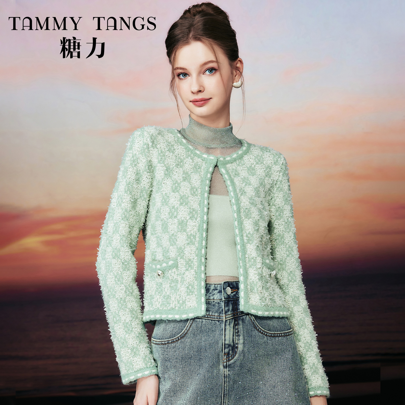 【白姐专属】糖力格纹小香风针织衫开衫女TWRCW46461