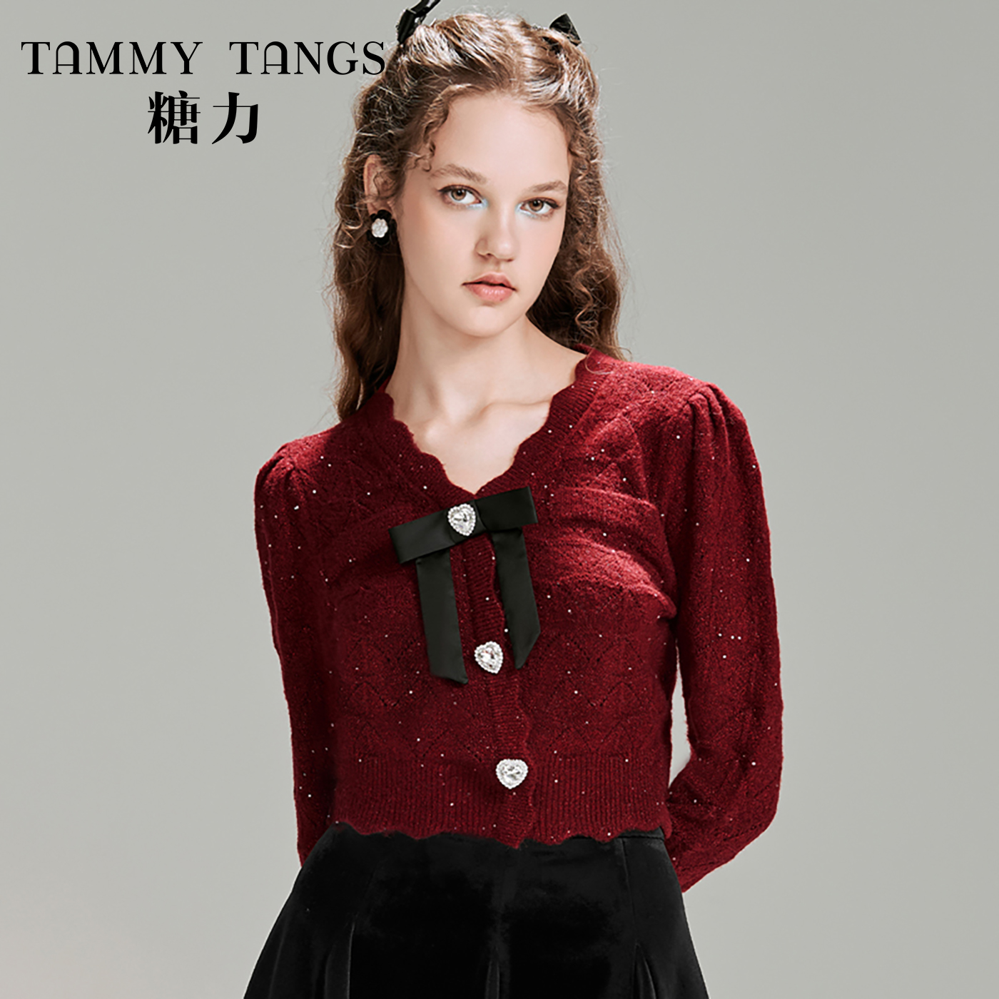 【官号专属】糖力秋冬红色钻饰蝴蝶结亮片针织衫女短款毛衣上衣